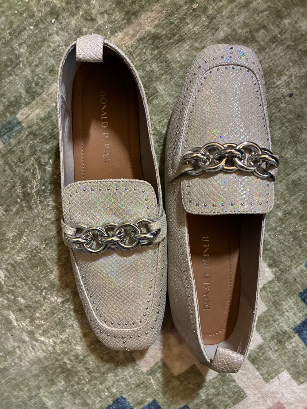 Donald J. Pliner Beige Woman’s Champagne Loafers with Silver Hardware 9m